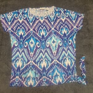 Chicos Blue Damask Pattern Tie on the side Shirt Short Sleeve, Women's Size 1